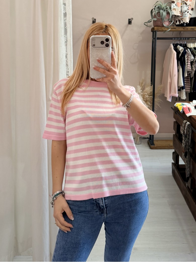 Maglia lisa 2.0 a righe rosa e bianca