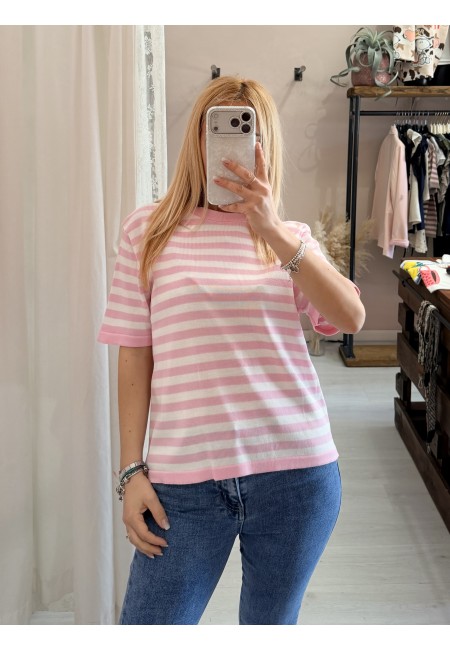Maglia lisa 2.0 a righe rosa e bianca