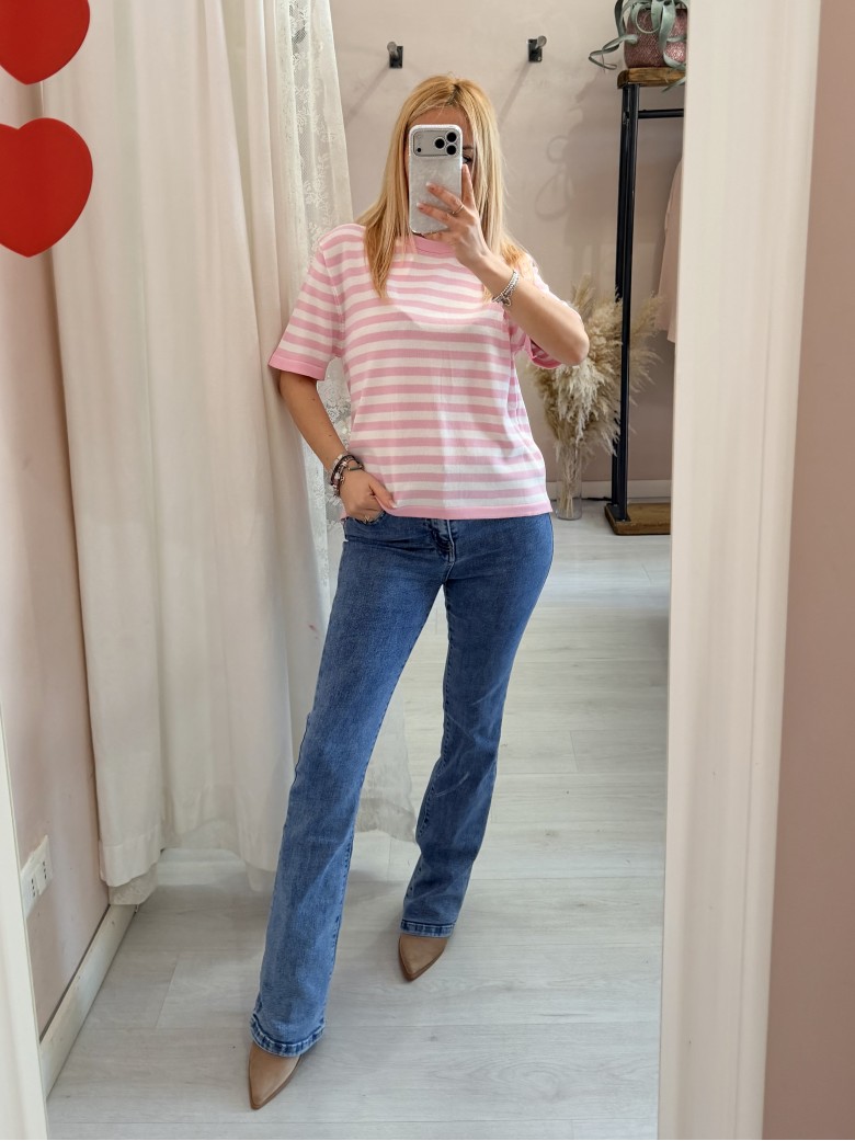 Maglia lisa 2.0 a righe rosa e bianca