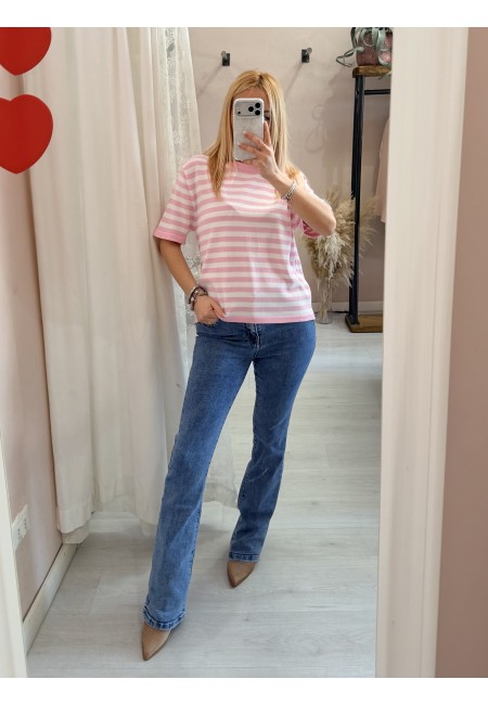Maglia lisa 2.0 a righe rosa e bianca