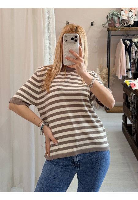Maglia lisa 2.0 a righe taupe