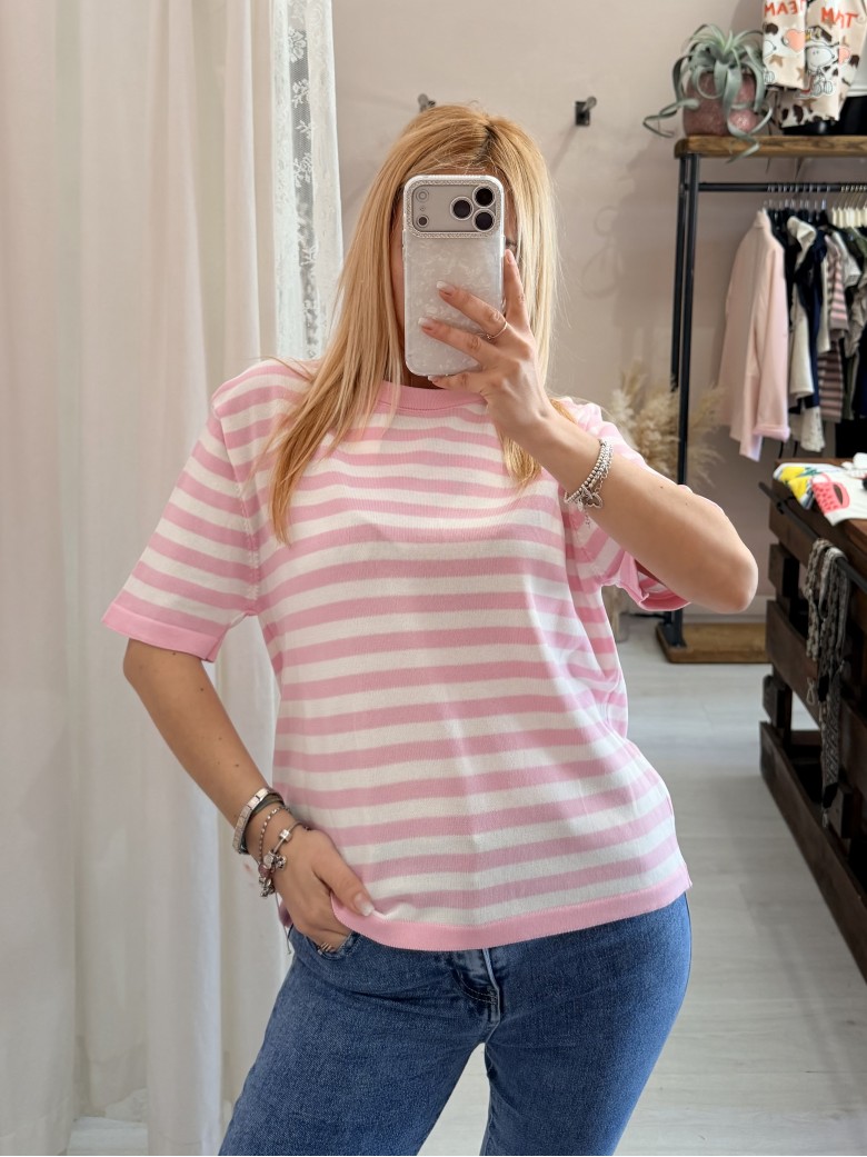 Maglia lisa 2.0 a righe rosa e bianca