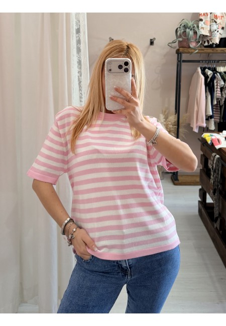 Maglia lisa 2.0 a righe rosa e bianca