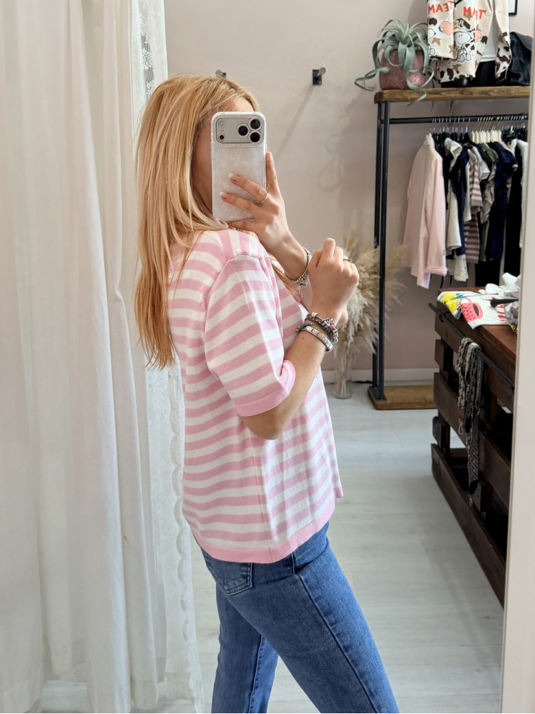 Maglia lisa 2.0 a righe rosa e bianca