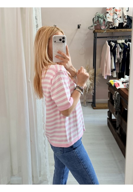 Maglia lisa 2.0 a righe rosa e bianca
