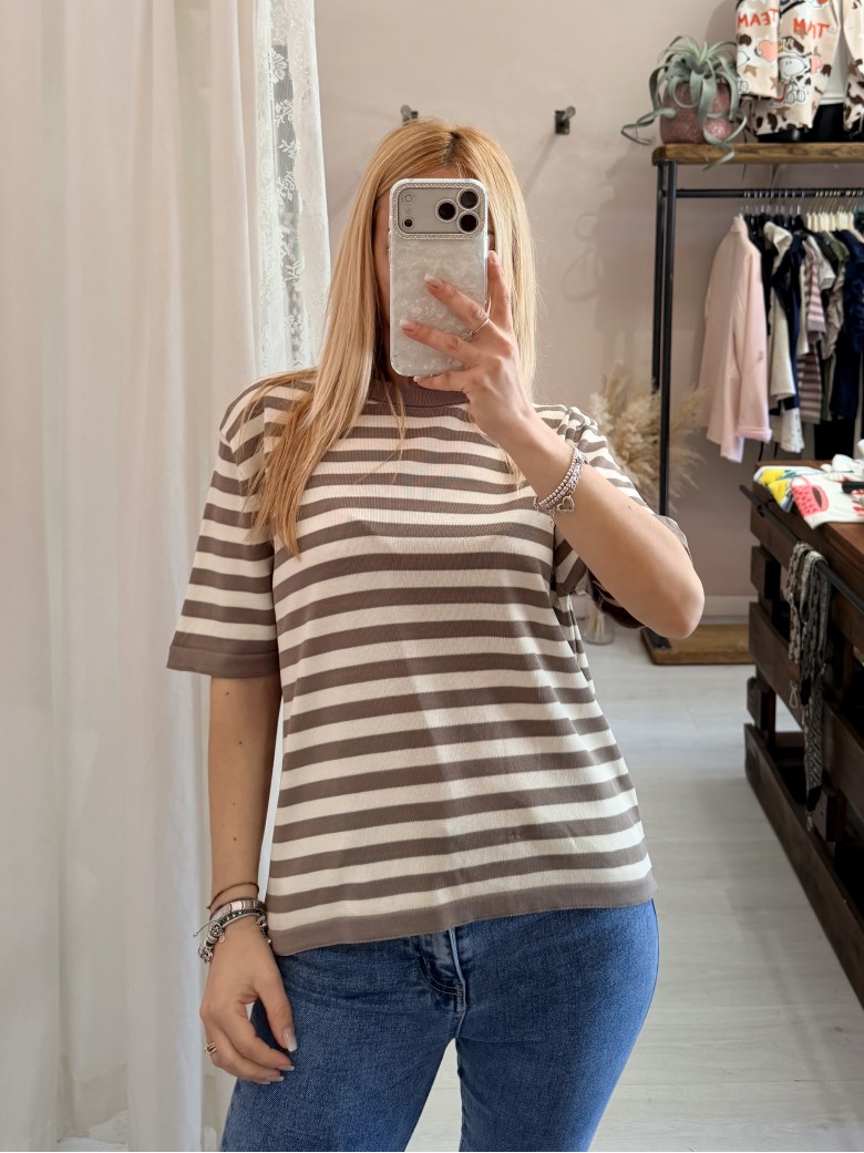 Maglia lisa 2.0 a righe taupe