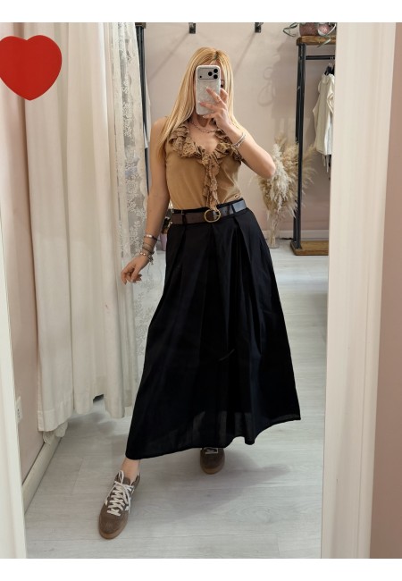 Maglia scollo con ruches in pizzo camel