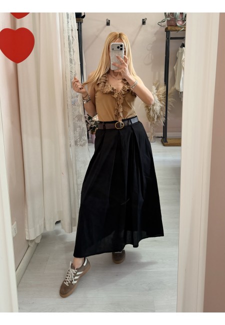 Maglia scollo con ruches in pizzo camel