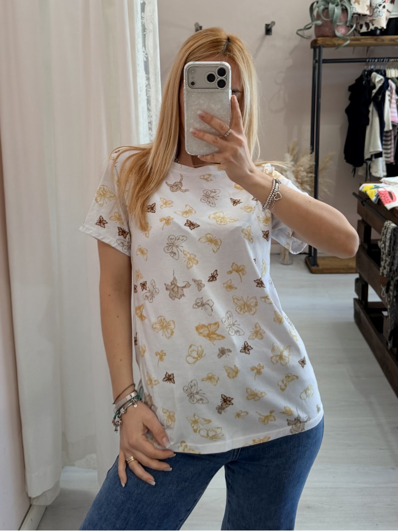 Maglia t shirt farfalle beige marroni gialle