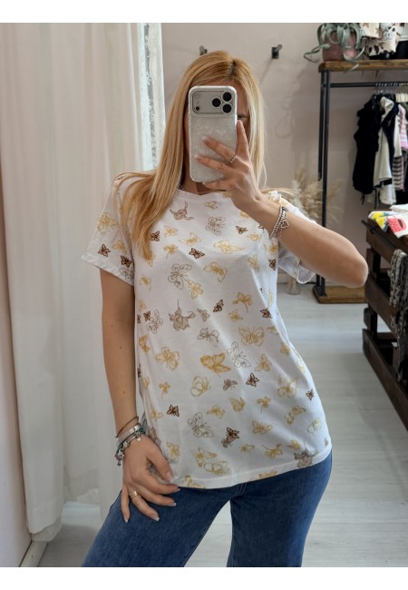 Maglia t shirt farfalle beige marroni gialle