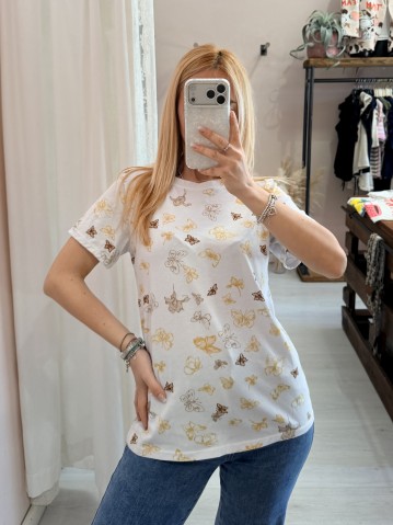 Maglia t shirt farfalle beige marroni gialle