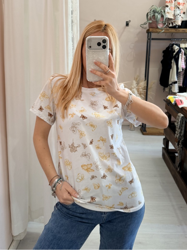 Maglia t shirt farfalle beige marroni gialle