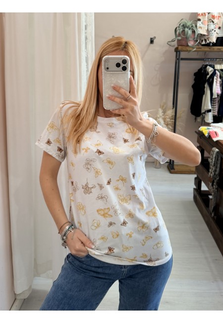Maglia t shirt farfalle beige marroni gialle