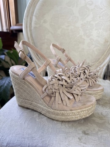 Sandali zeppe pon pon frange beige 2