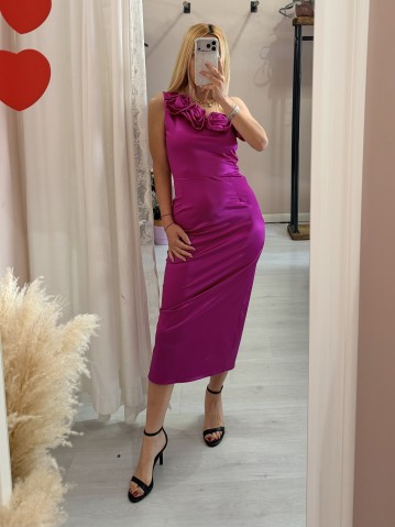 Vestito tubino in raso monospalla MAGENTA
