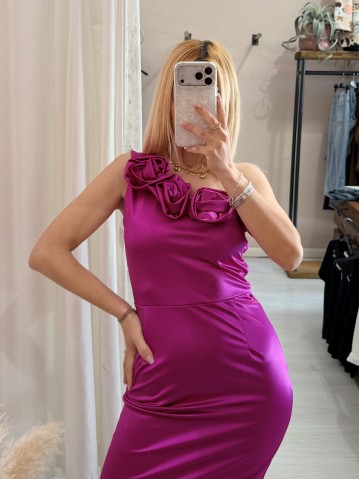 Vestito tubino in raso monospalla MAGENTA 2