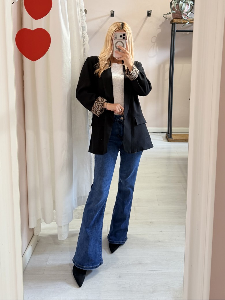 Giacca blazer nero risvolto leopardato
