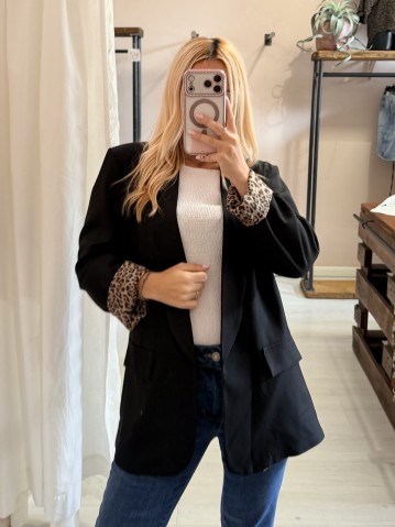 Giacca blazer nero risvolto leopardato 2