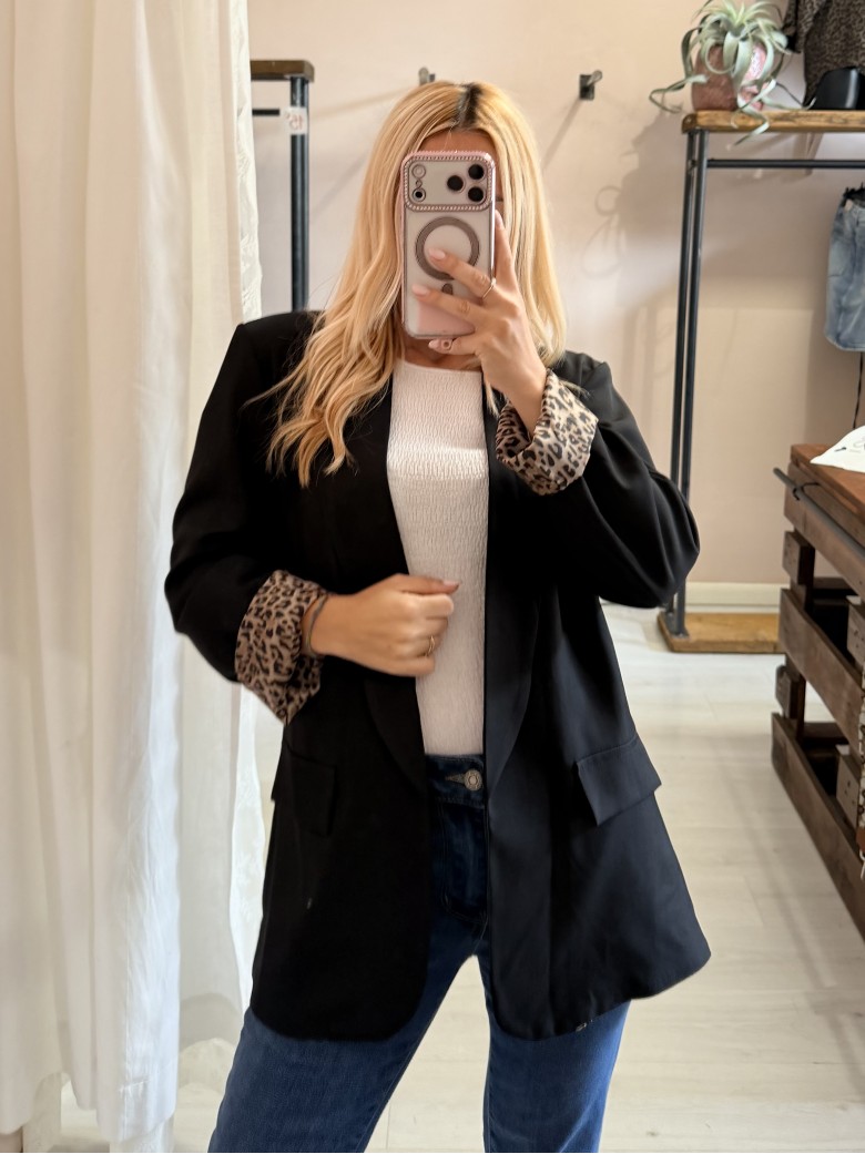 Giacca blazer nero risvolto leopardato