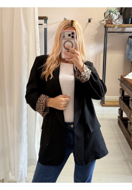 Giacca blazer nero risvolto leopardato