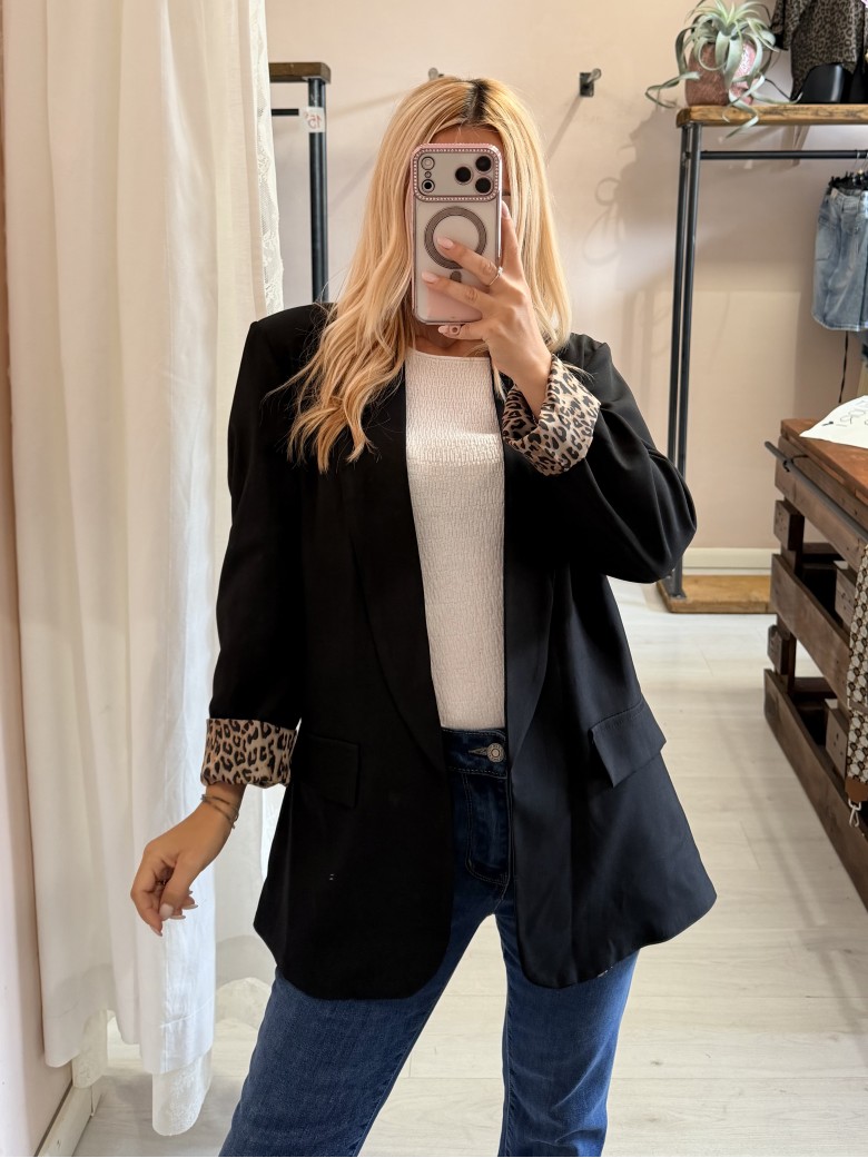 Giacca blazer nero risvolto leopardato
