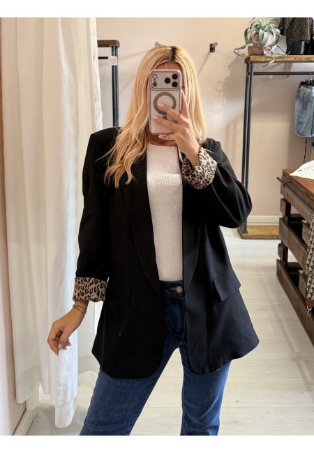 Giacca blazer nero risvolto leopardato