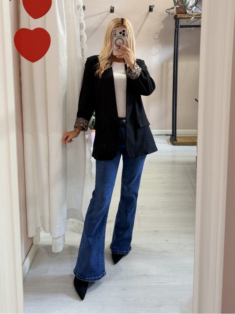 Giacca blazer nero risvolto leopardato