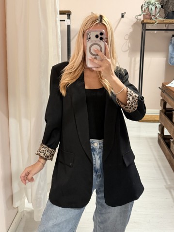Giacca blazer nero risvolto leopardato