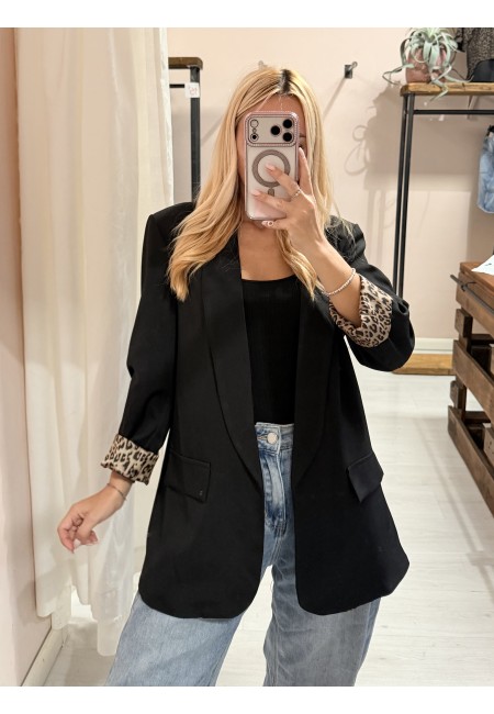 Giacca blazer nero risvolto leopardato
