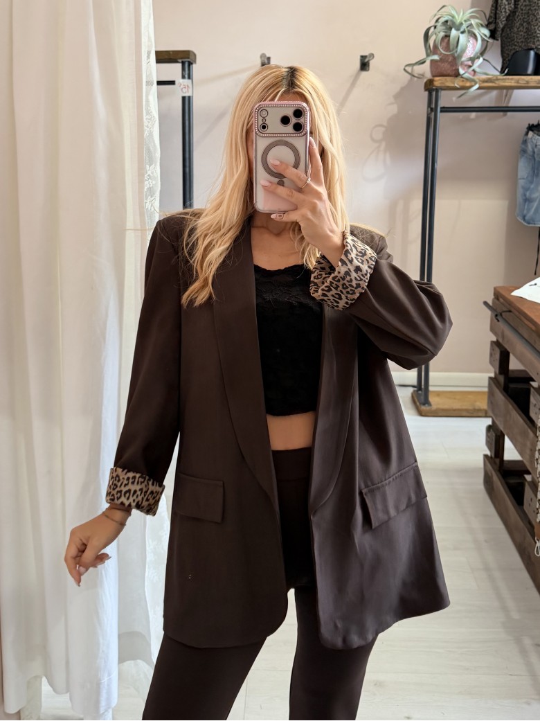 Giacca blazer marrone risvolto leopardato