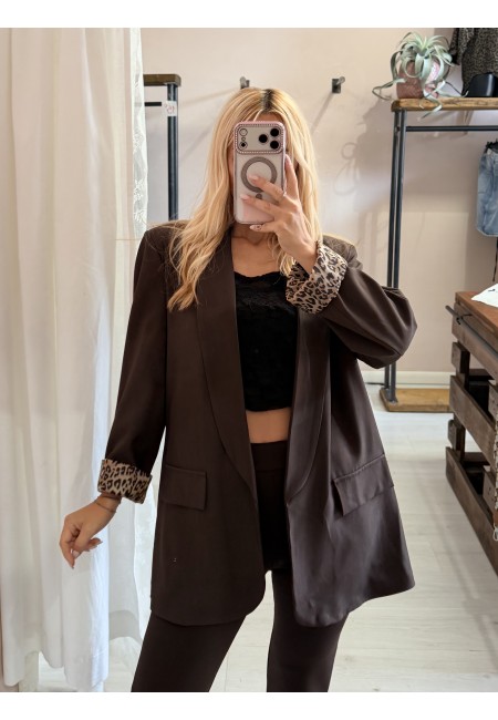 Giacca blazer marrone risvolto leopardato
