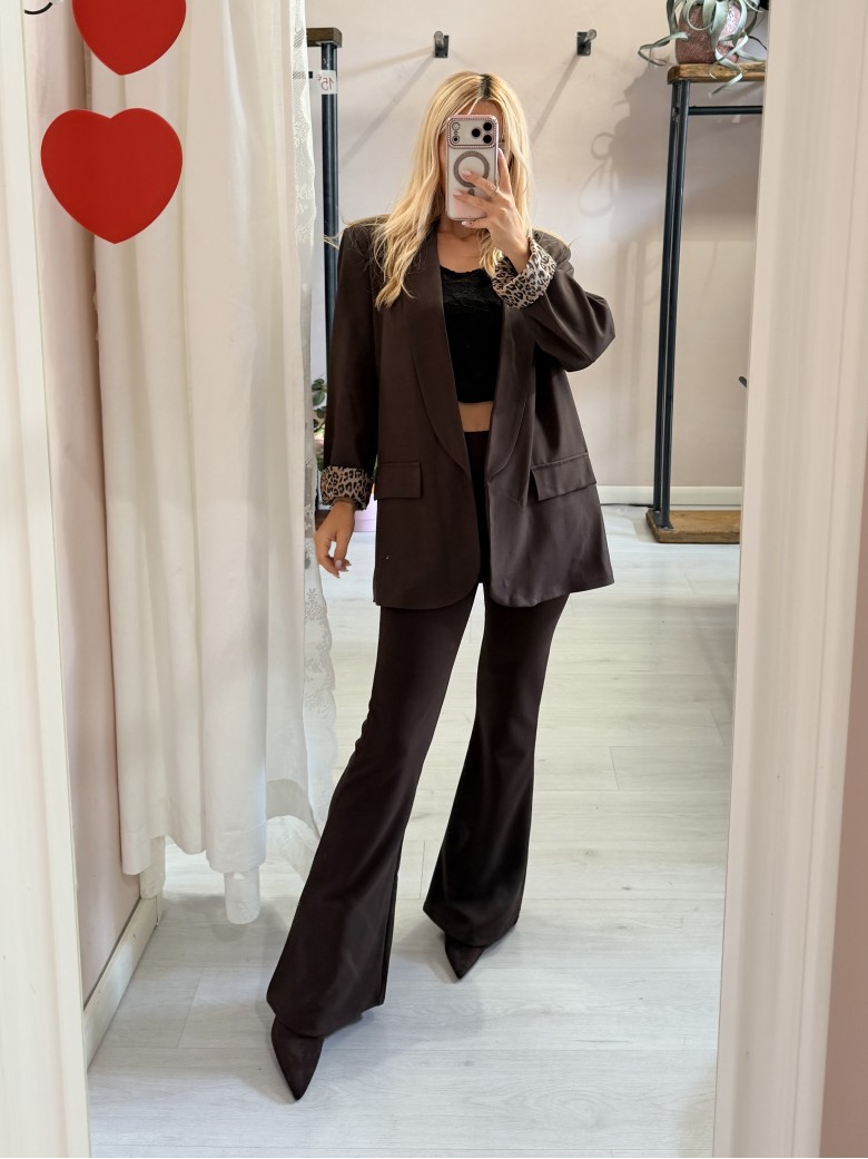 Giacca blazer marrone risvolto leopardato