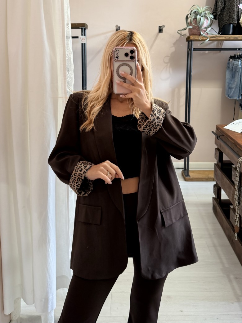 Giacca blazer marrone risvolto leopardato