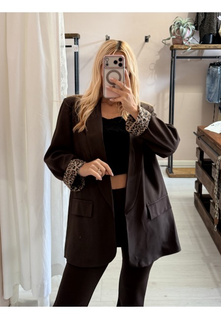Giacca blazer marrone risvolto leopardato