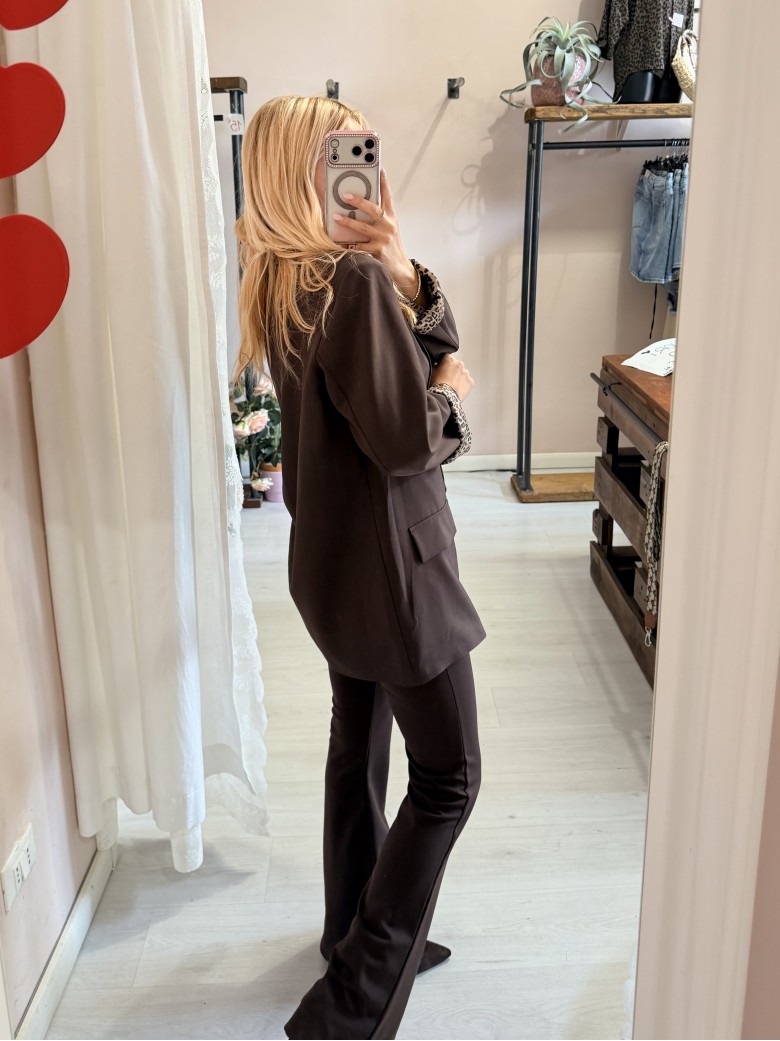 Giacca blazer marrone risvolto leopardato