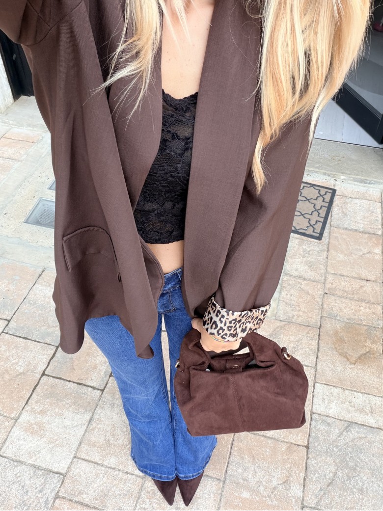 Giacca blazer marrone risvolto leopardato