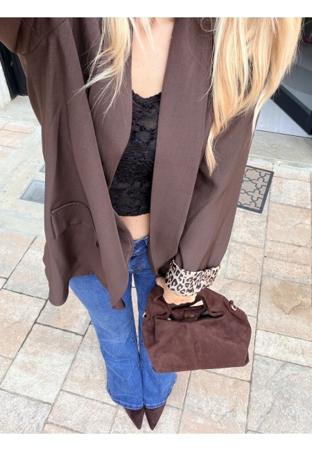 Giacca blazer marrone risvolto leopardato