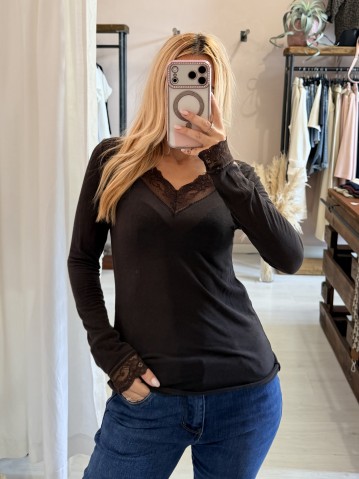 Maglia misto cashmere SCOLLO A V con pizzo marrone 2