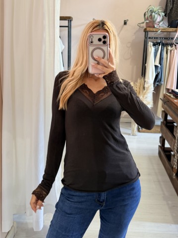 Maglia misto cashmere SCOLLO A V con pizzo marrone