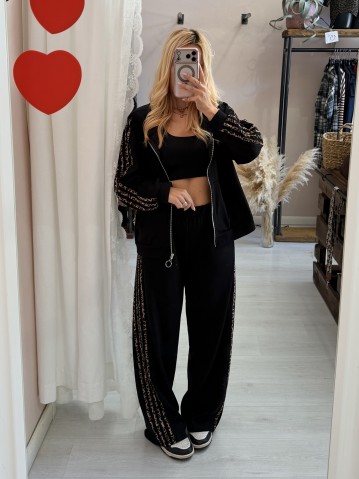 Completo felpa e pantaloni righe leopardate nero