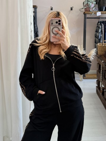 Completo felpa e pantaloni righe leopardate nero 2