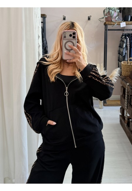 Completo felpa e pantaloni righe leopardate nero