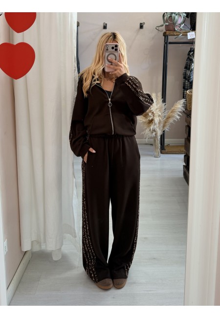 Completo felpa e pantaloni righe leopardate marrone