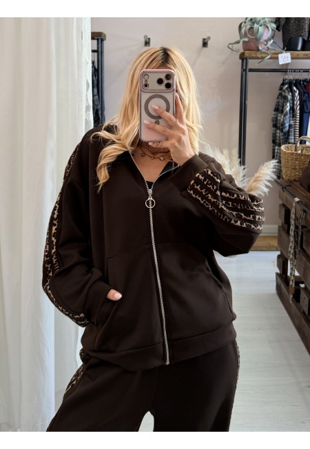 Completo felpa e pantaloni righe leopardate marrone