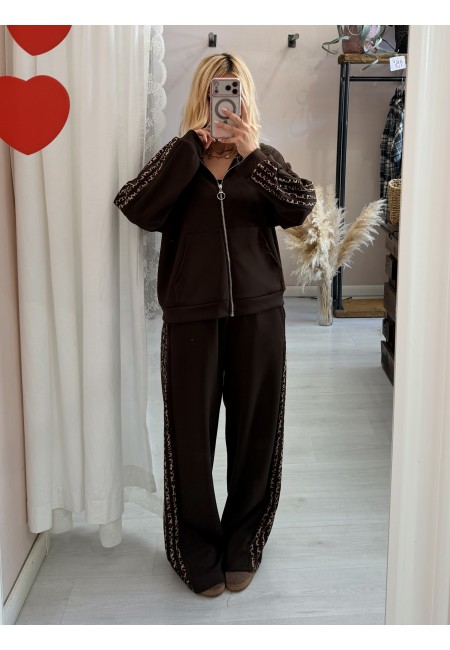 Completo felpa e pantaloni righe leopardate marrone