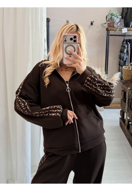 Completo felpa e pantaloni righe leopardate marrone
