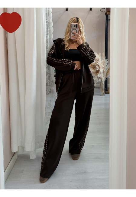 Completo felpa e pantaloni righe leopardate marrone