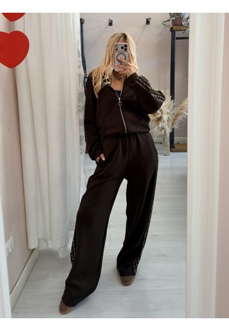 Completo felpa e pantaloni righe leopardate marrone