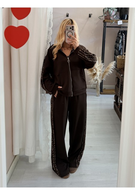 Completo felpa e pantaloni righe leopardate marrone