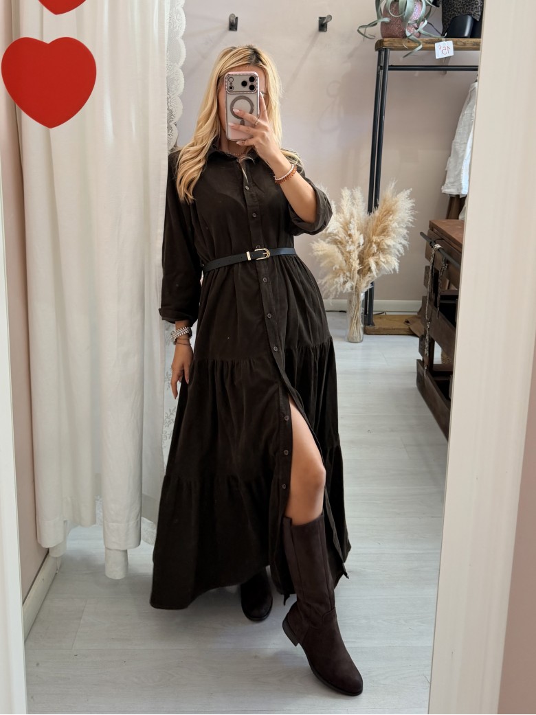 Vestito lungo chemisier velluto a costine marrone